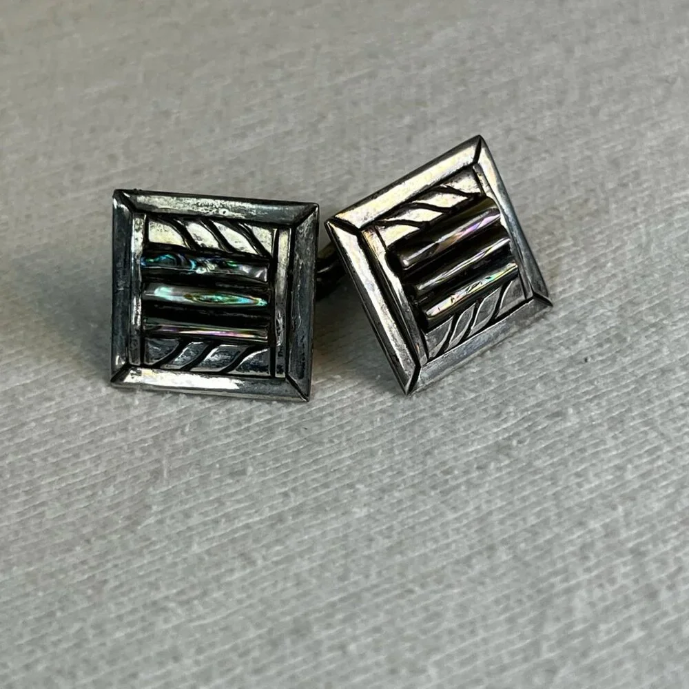 Vintage Silver Abalone Square Cuff Links Stamped 925/Handmade Formal Gift Weddin